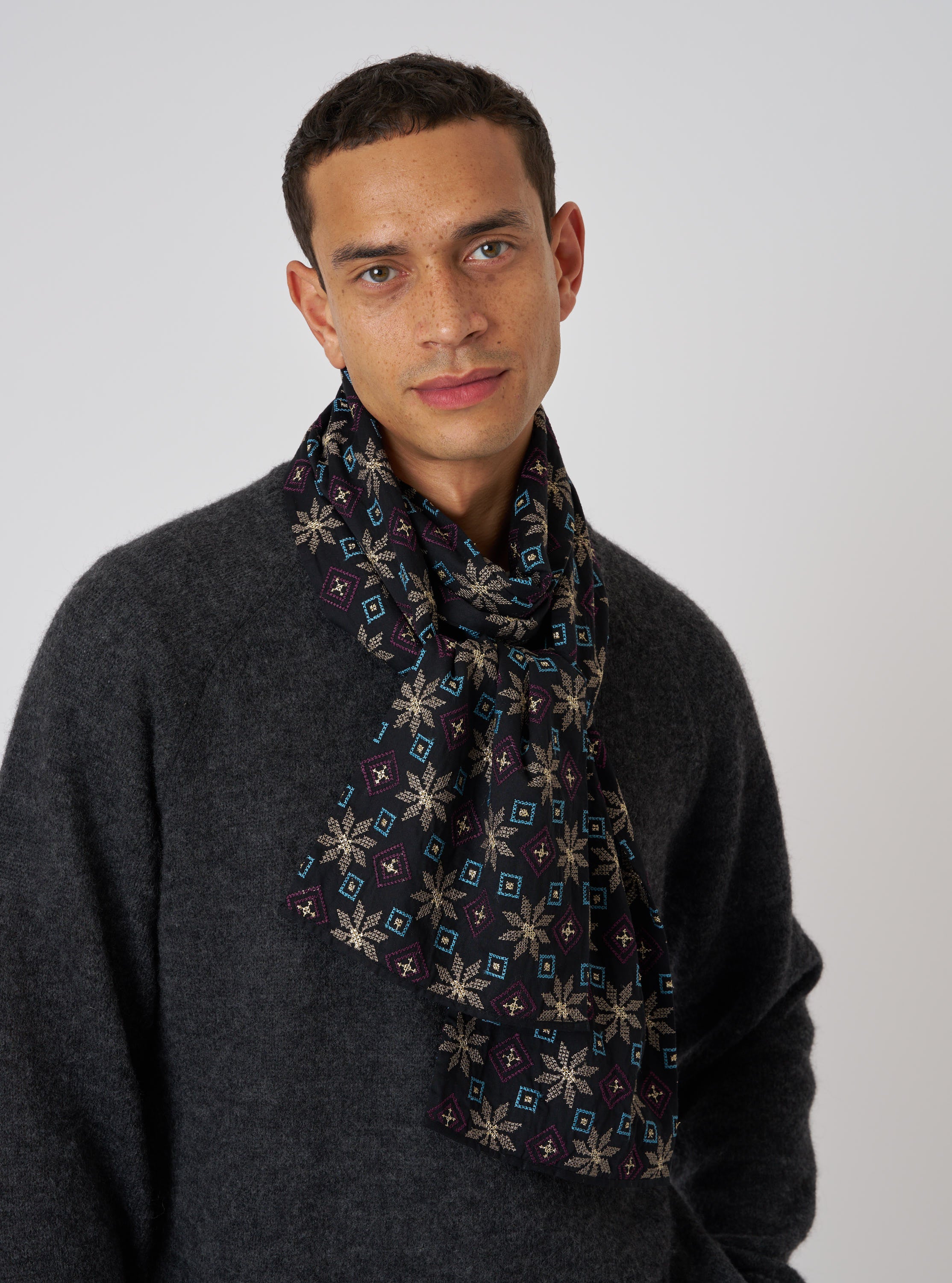 Black Embroidery Cotton Satin Embroidery Scarf - Image 2