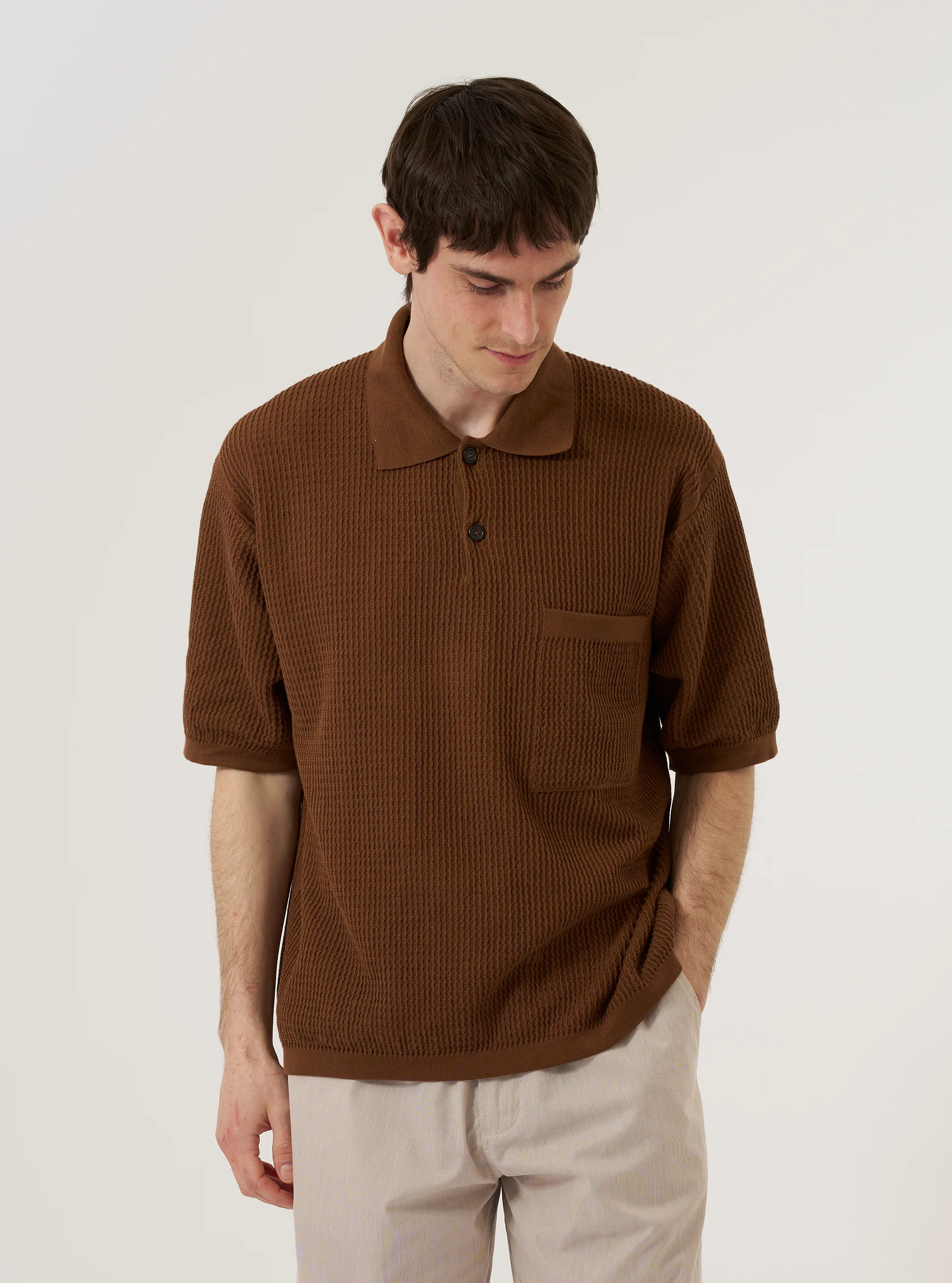 Brown Fine Texture Tricot S/S Knit Polo - Image 2