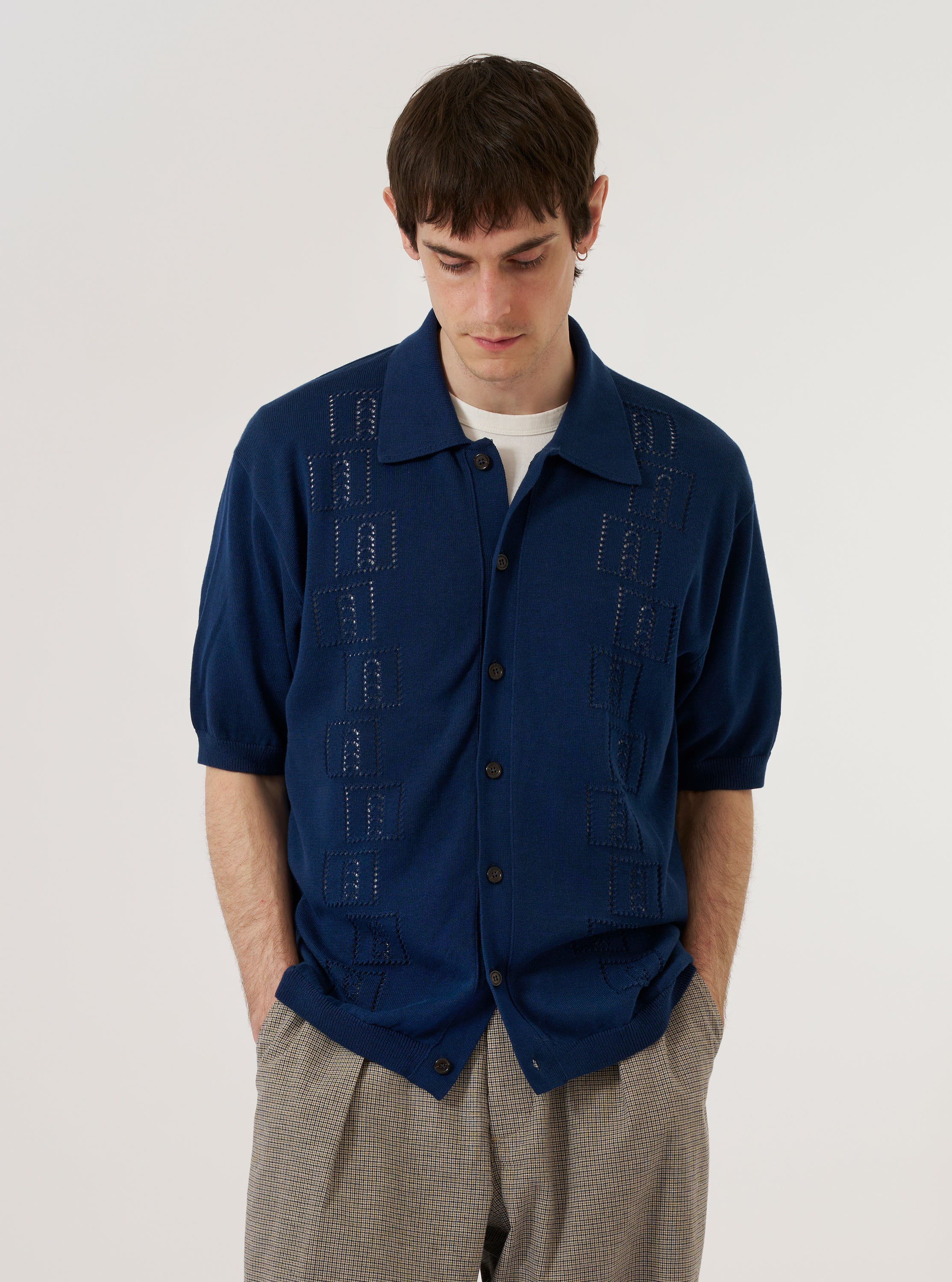 Dark Navy Cotton Lace Knit Jonny Knit Shirt - Image 2