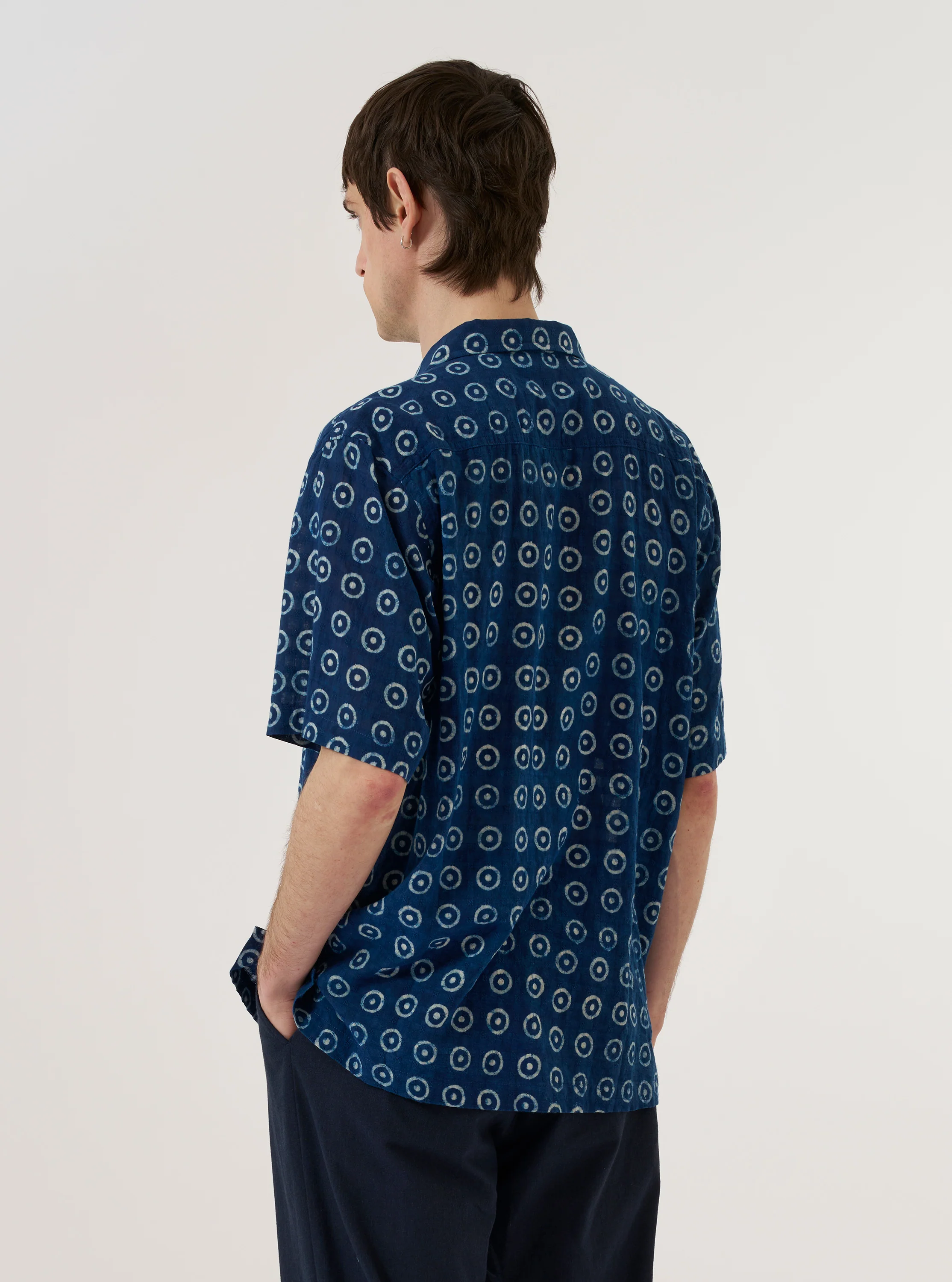 Indigo Block Print Circles Camper Shirt - Image 3