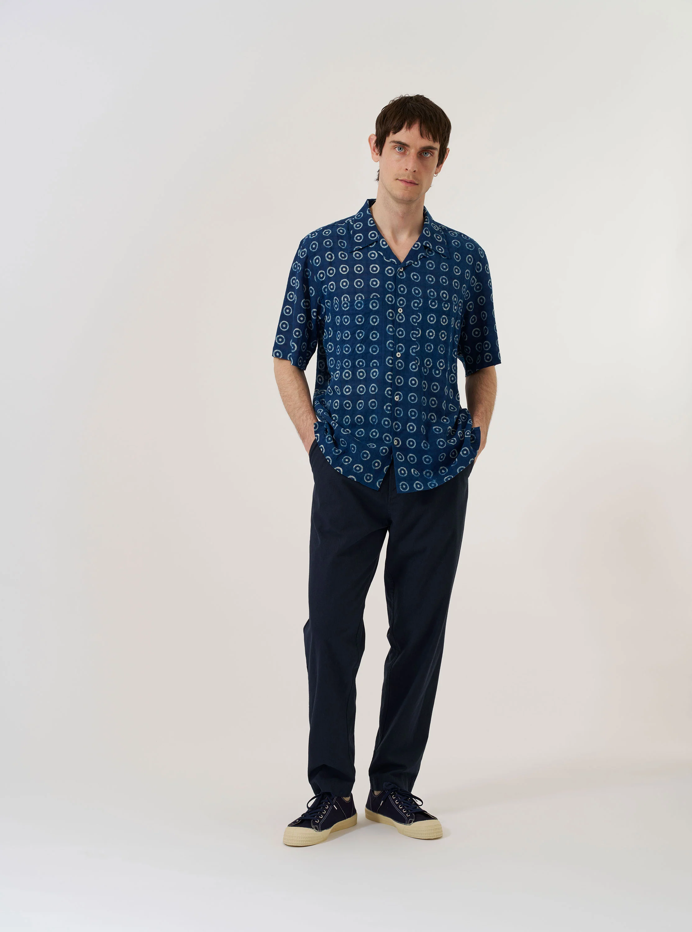 Indigo Block Print Circles Camper Shirt - Image 8