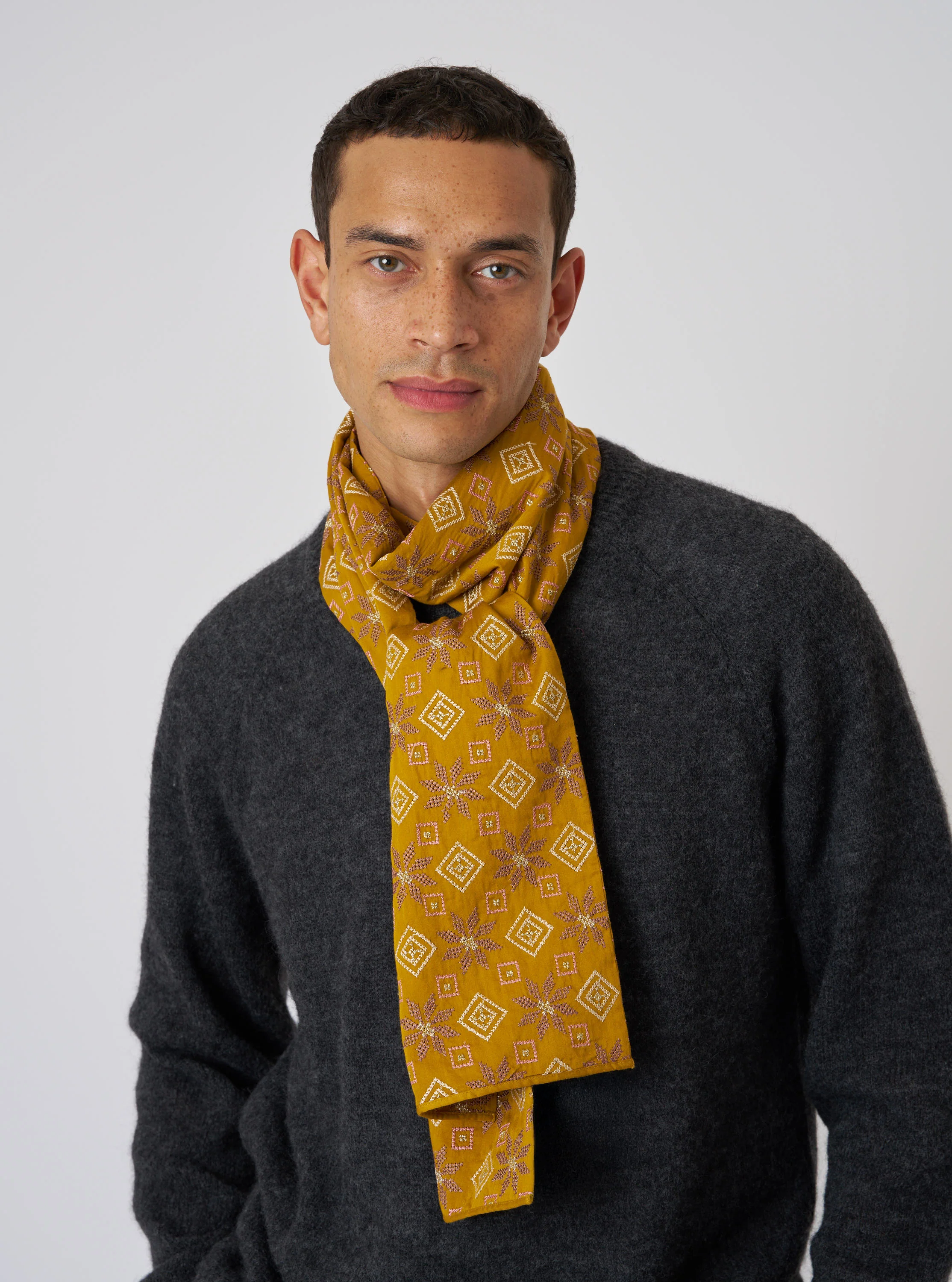 Mustard Embroidery Cotton Satin Embroidery Scarf - Image 2