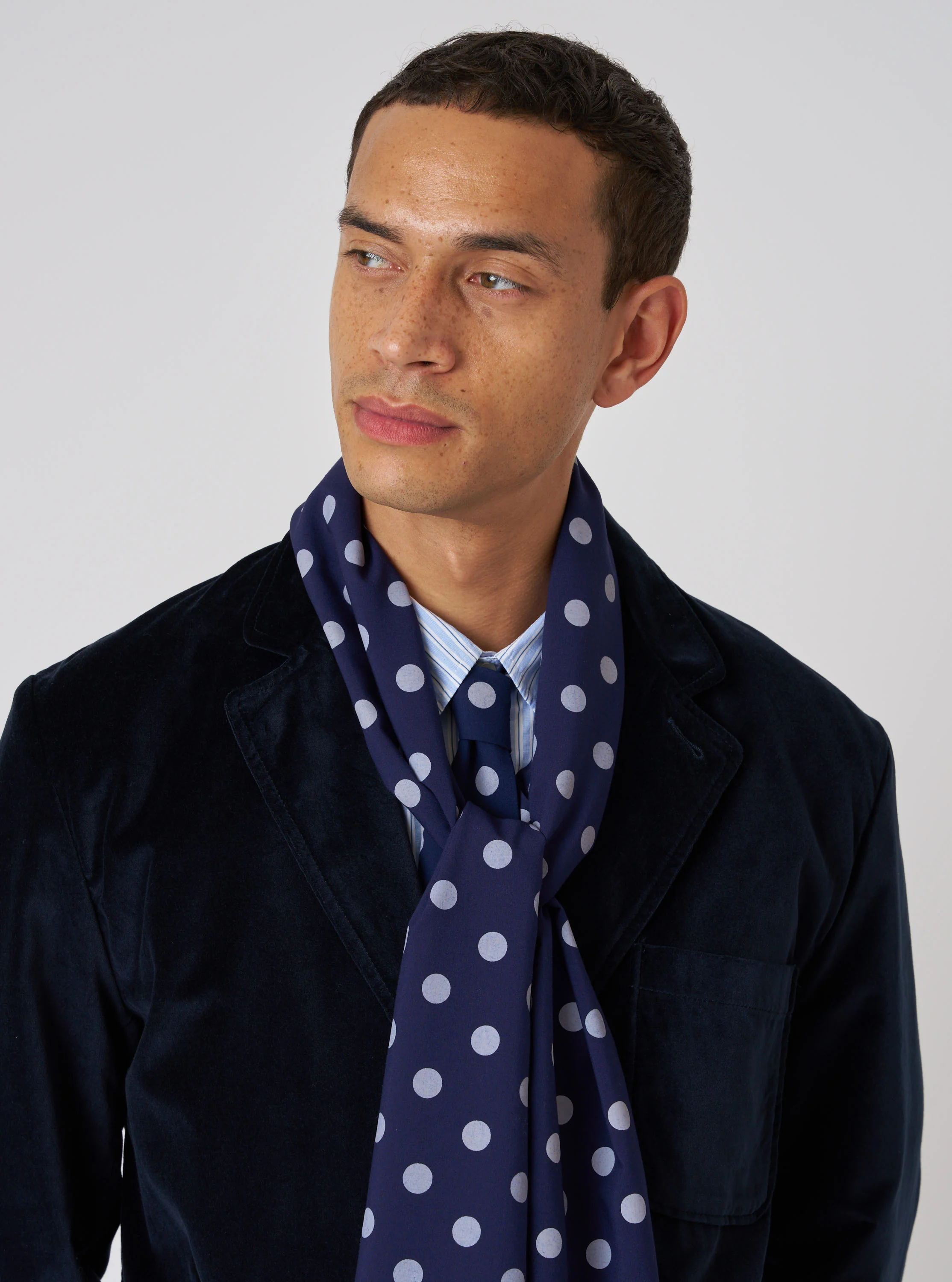 Navy Bold Dot Print Rayon Evening Scarf - Image 2