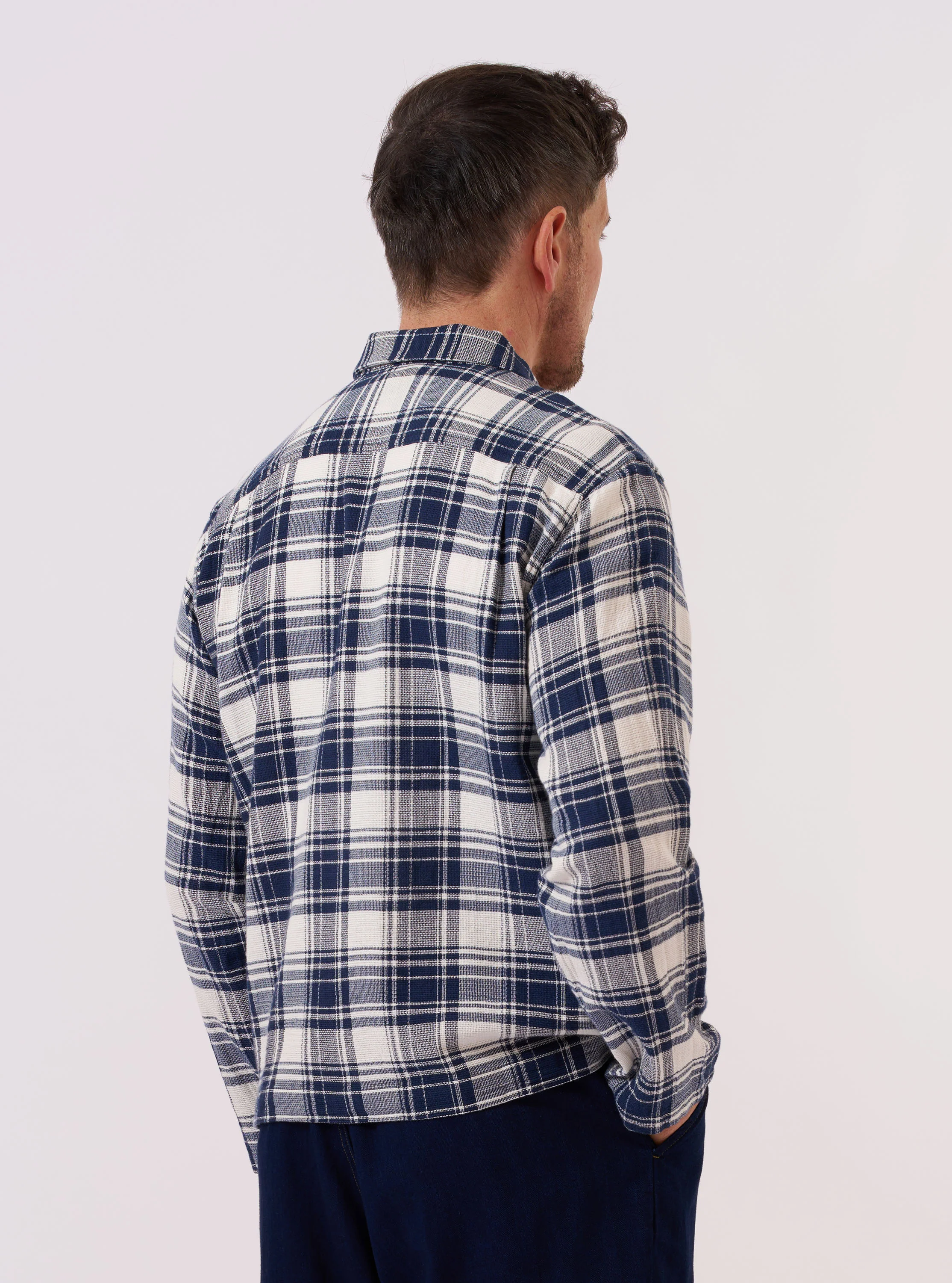 Navy Texture Plaid Zip Shirt - Image 3