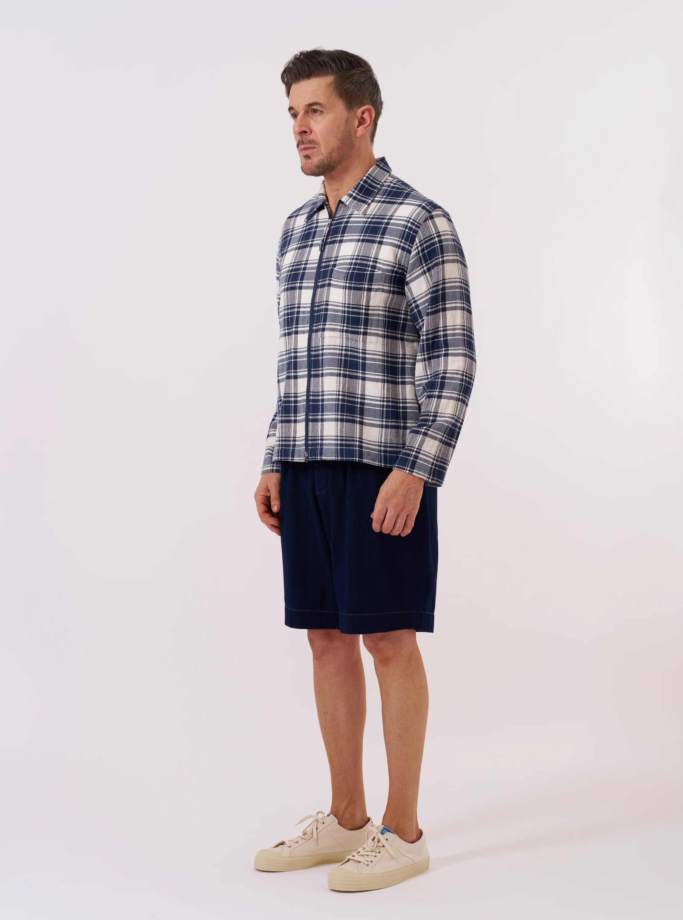 Navy Texture Plaid Zip Shirt - Image 8
