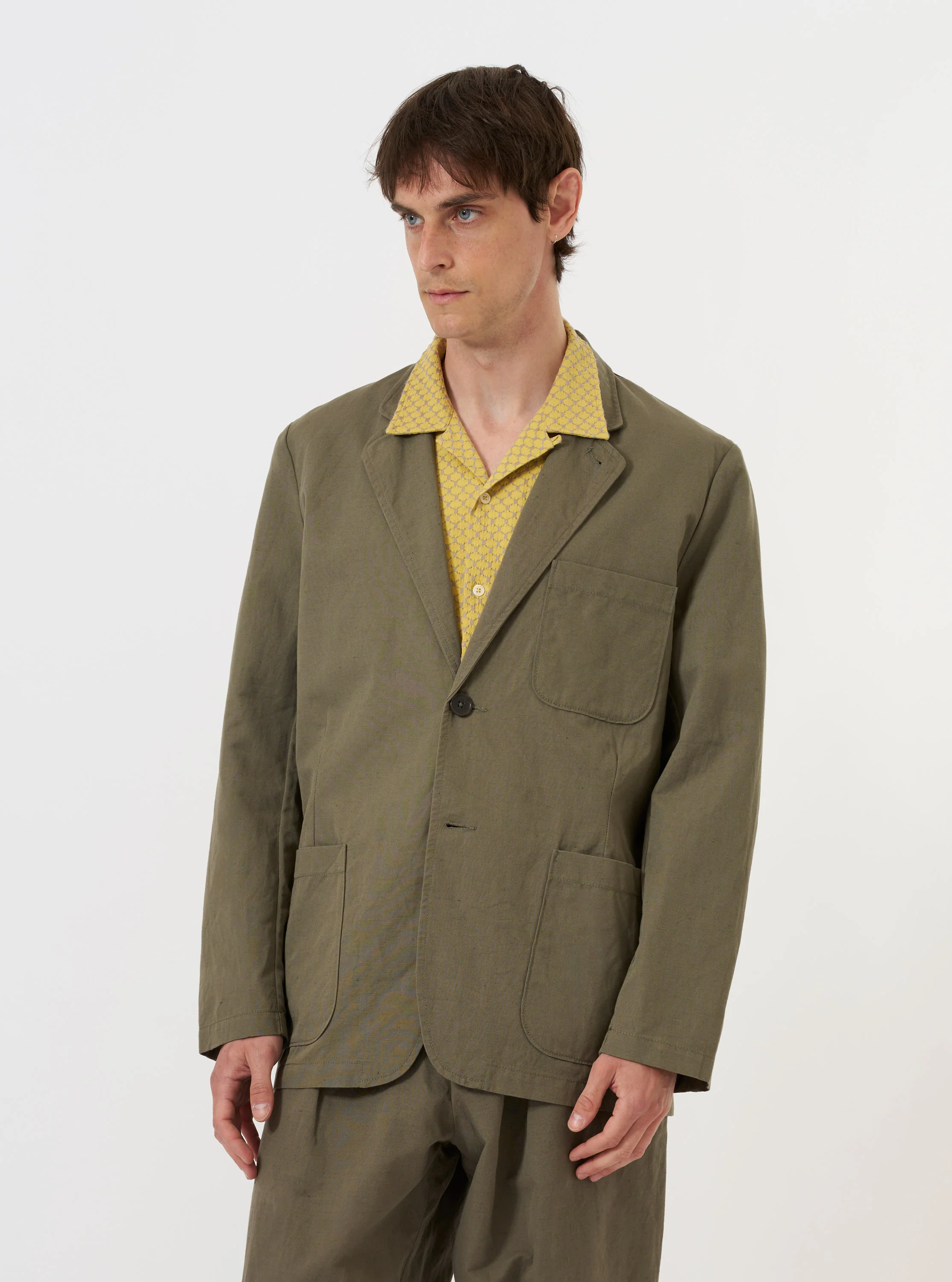 Olive Linen Slub Weave Two Button Jacket - Image 2