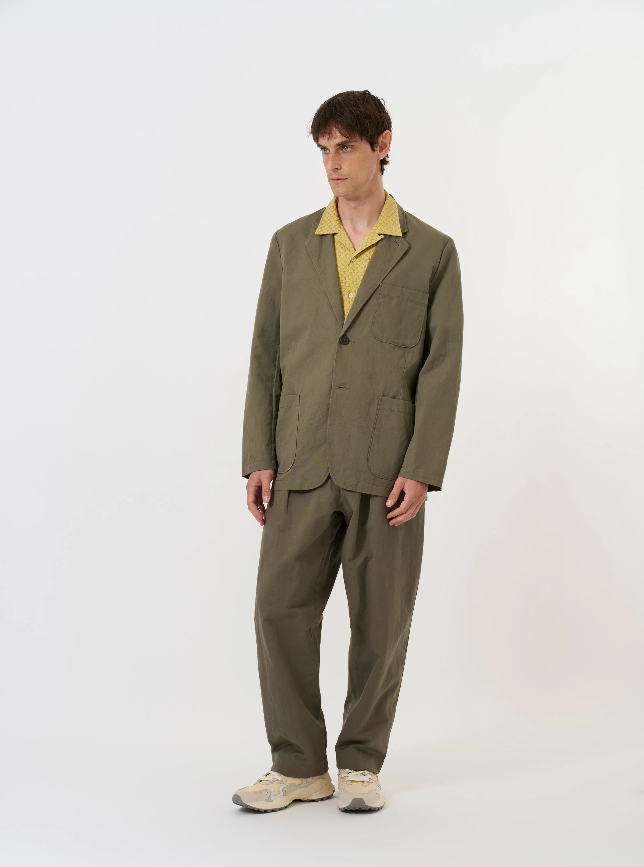 Olive Linen Slub Weave Two Button Jacket - Image 9
