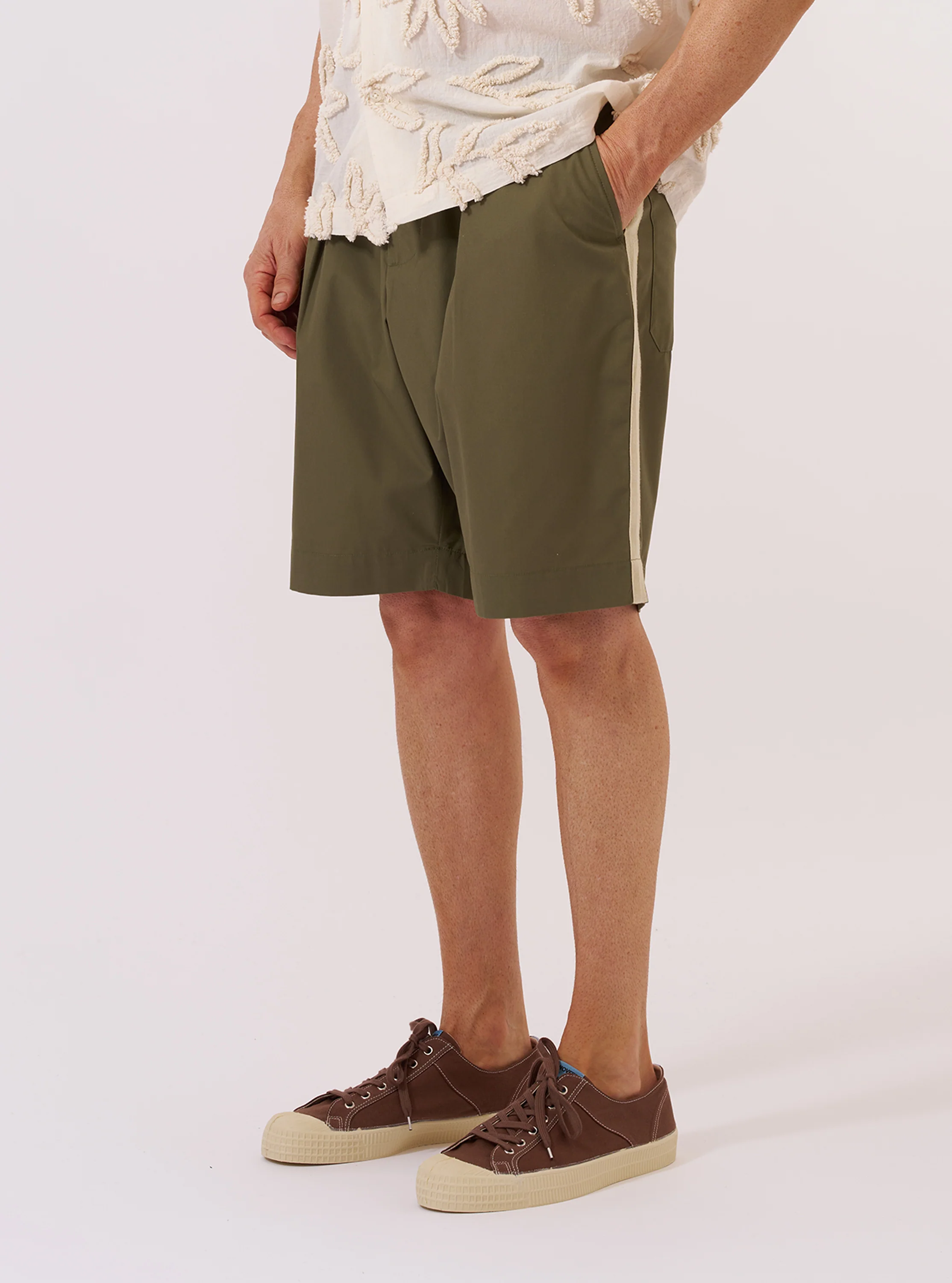 master-piece x Universal Works Olive Recycled Poly Tech Pleated Track Short - Image 2