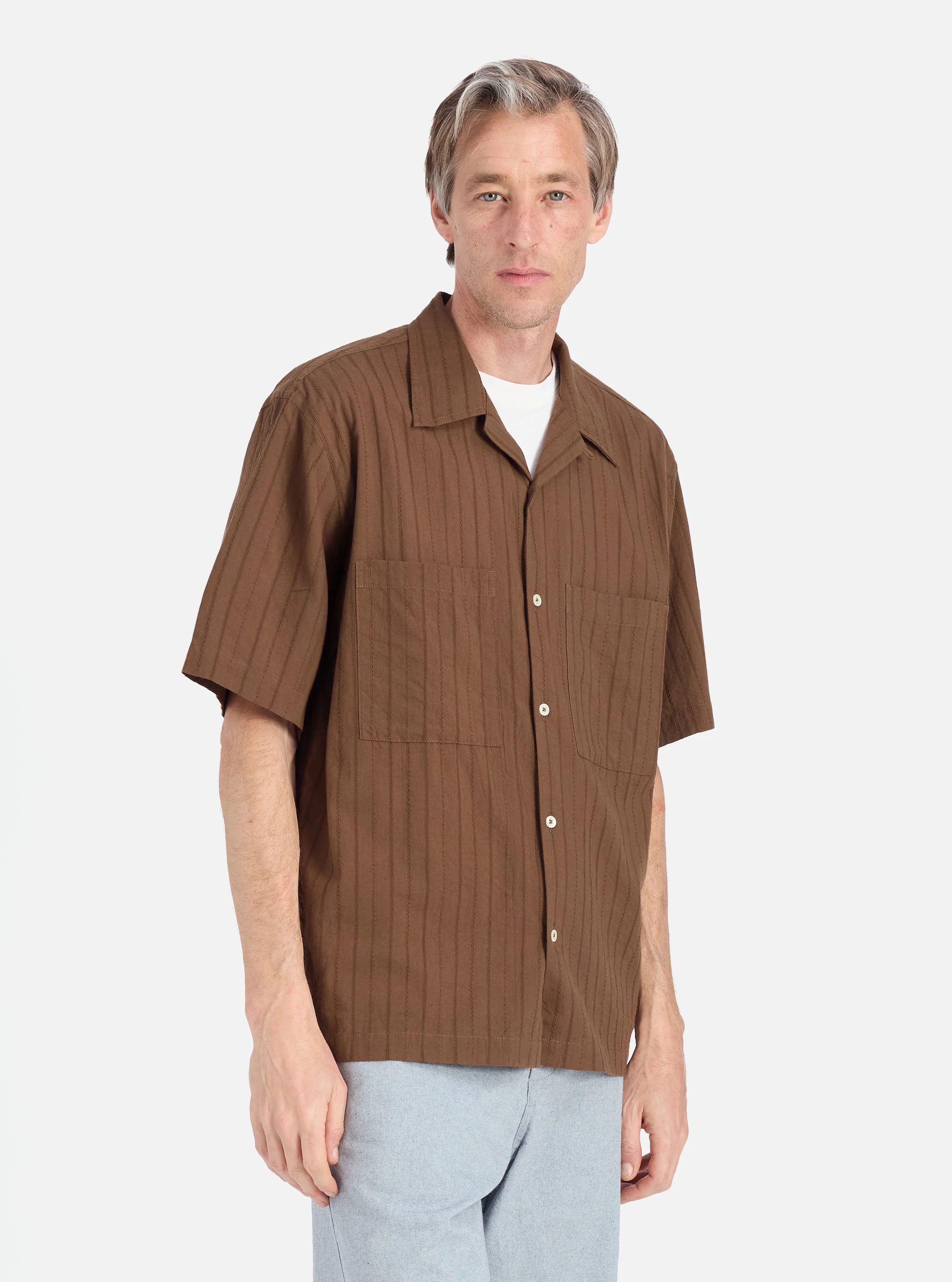 Brown Dobby Self Stripe Camper Shirt - Image 2