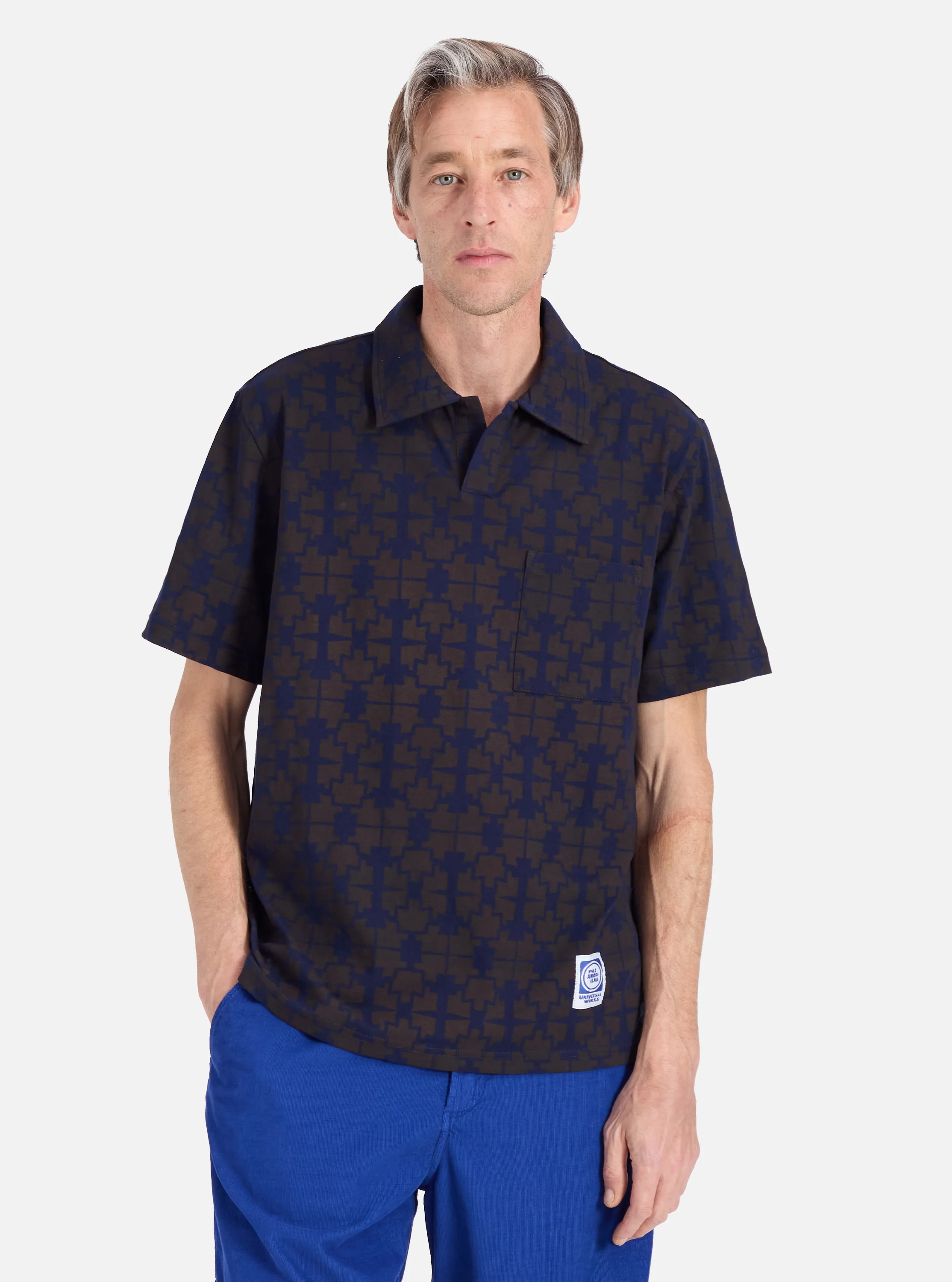 Navy/Brown Mitla Print Jersey Newlyn Polo - Image 2