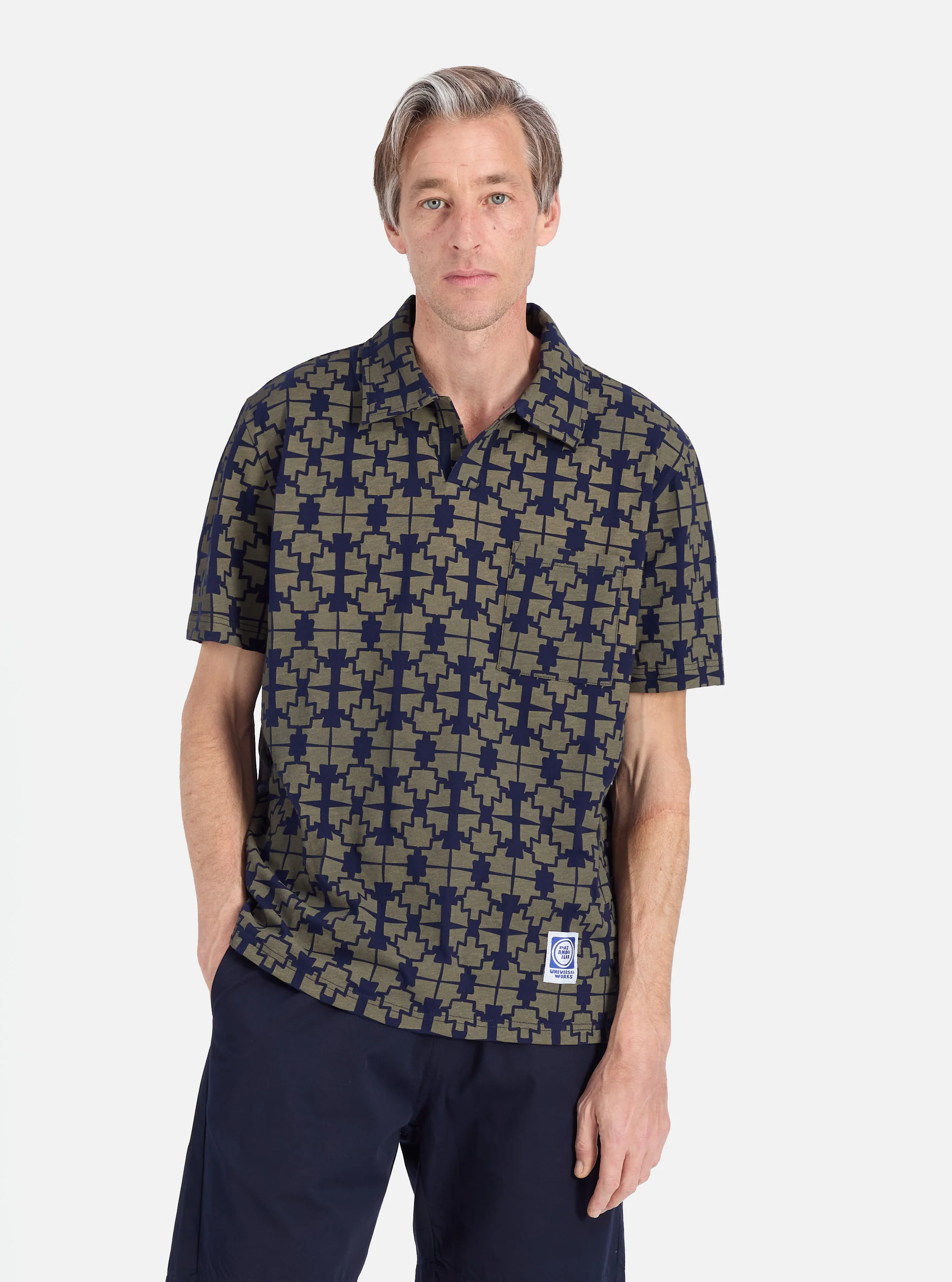 Navy/Mud Mitla Print Jersey Newlyn Polo - Image 2
