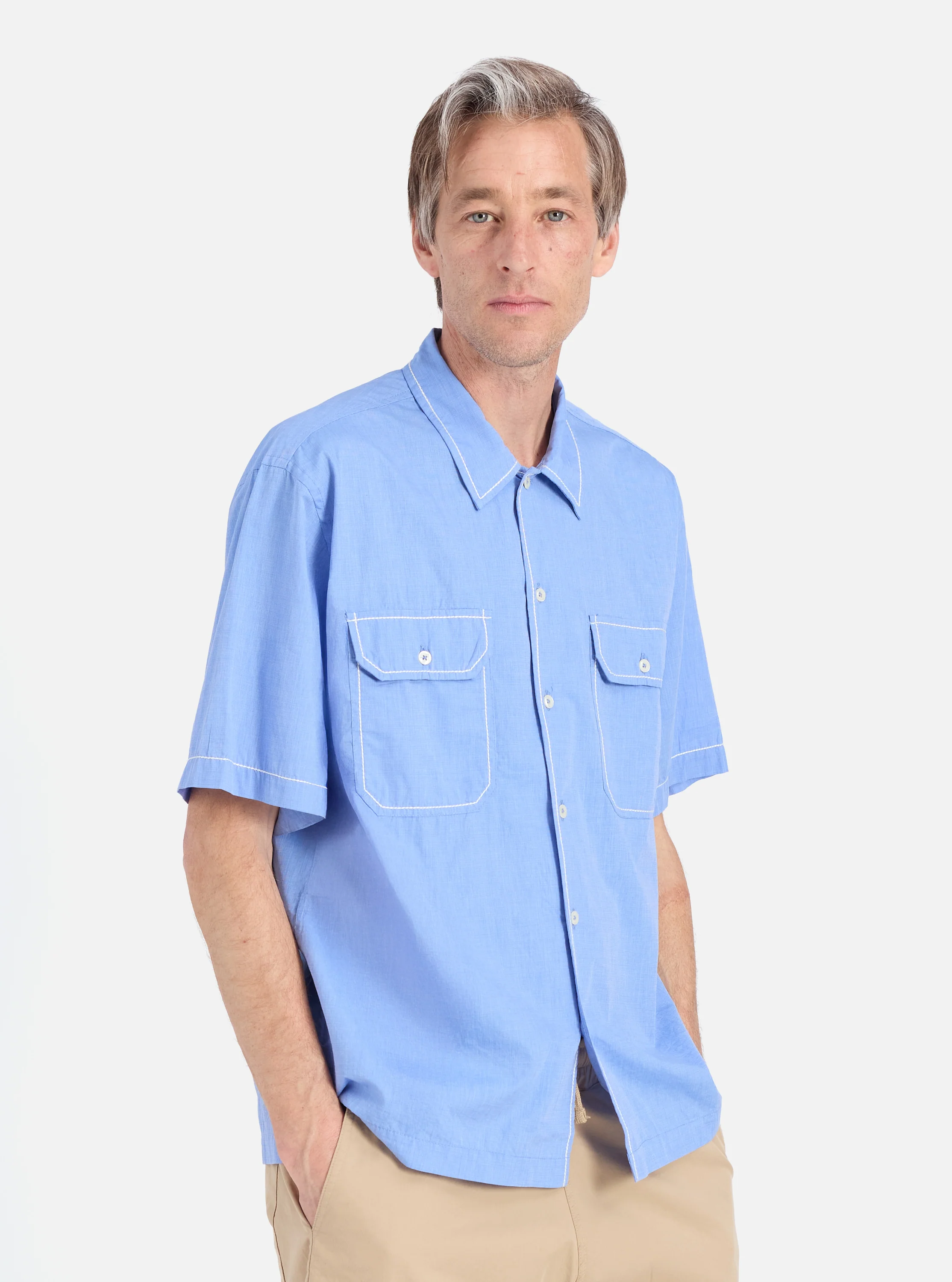 Blue End On End Cotton Utility SS Shirt - Image 2