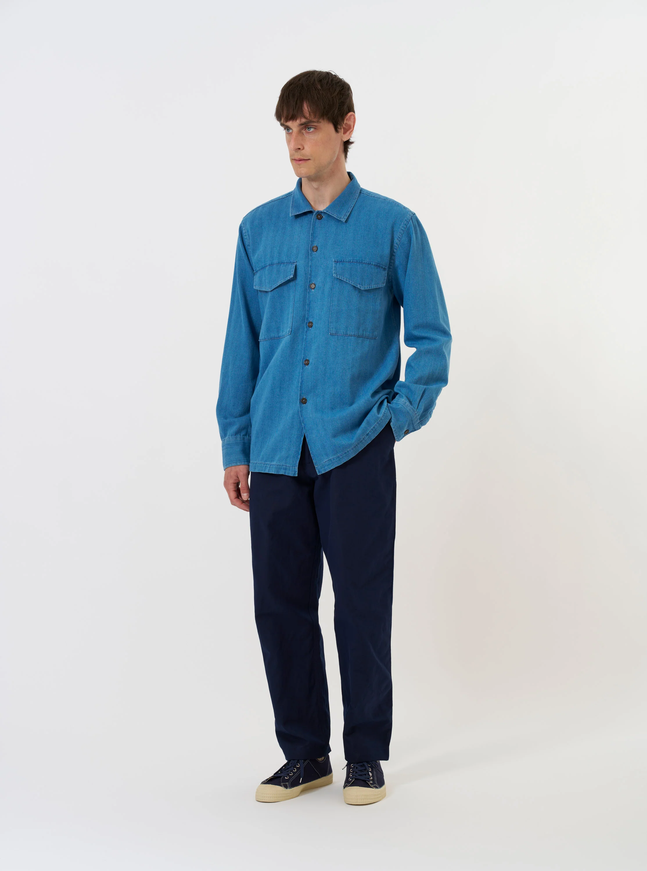 Washed Indigo Recycled Herringbone Attendant Shirt - Image 8