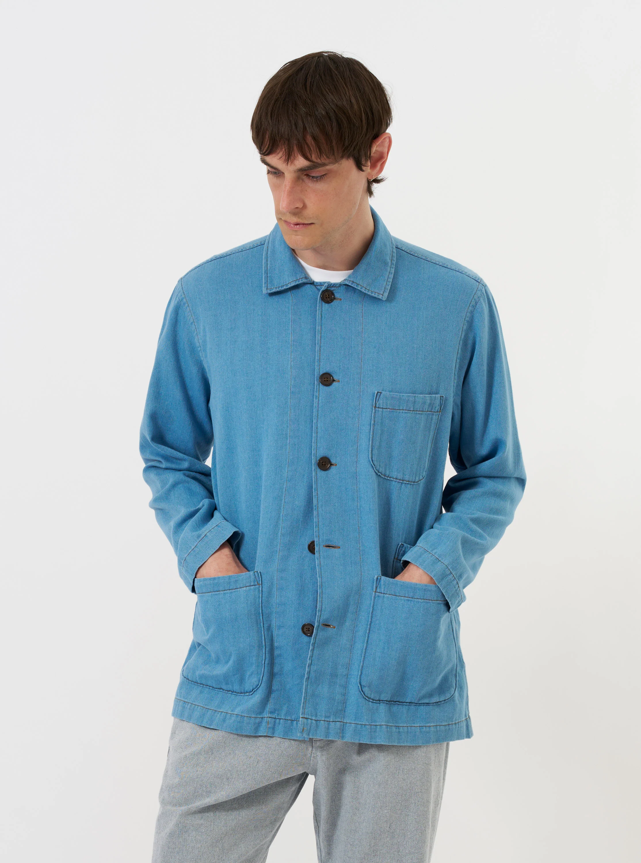 Washed Indigo Recycled Herringbone Bakers Overshirt - Image 2