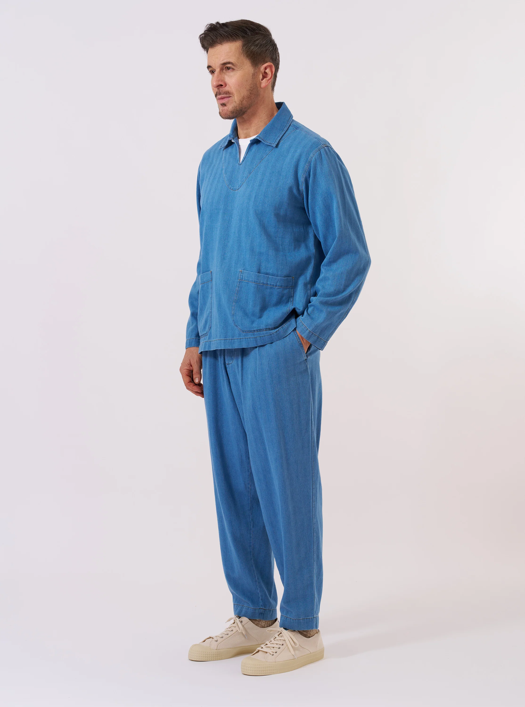 Washed Indigo Recycled Herringbone Smock Overshirt - Image 8